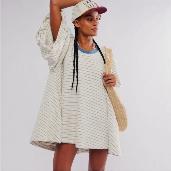 Free People Cream Striped Mini Dress with Blue Trim - Picture 2 of 10